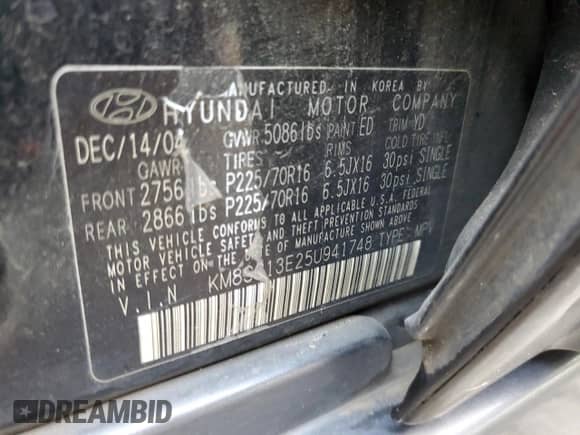 2005 Hyundai Santa Fe GLS z VIN KM8SC13E25U941748, wystawiony jako Copart lot #79509904 z przebiegiem 135 000 mil mil oraz Szkoda całkowita • Salvage title. Historia ofert i sprzedaży dostępna na DreamBid. Obrazek 15.