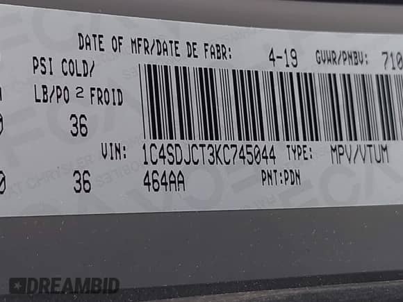 2019 Dodge Durango R/T with VIN 1C4SDJCT3KC745044, listed as a IAAI auction lot 43192972 with 85,108 mi miles and . Bid and sale history available at DreamBid. Image 9.