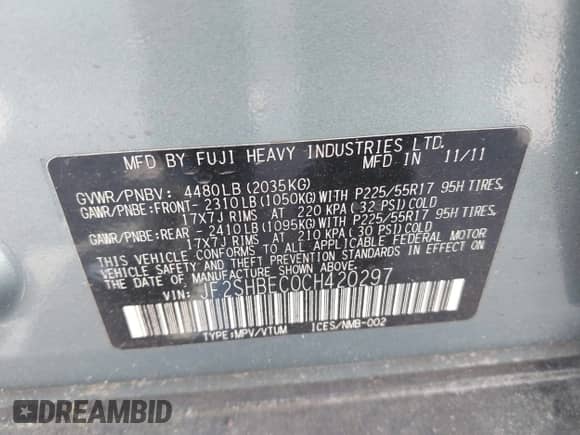 2012 Subaru Forester X Limited z VIN JF2SHBEC0CH420297, wystawiony jako IAAI lot #42977627 z przebiegiem 170 820 mil mil oraz . Historia ofert i sprzedaży dostępna na DreamBid. Obrazek 9.