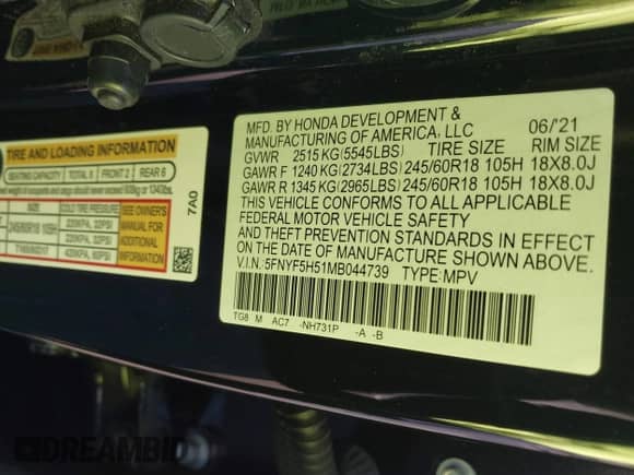 2021 Honda Pilot EX-L z VIN 5FNYF5H51MB044739, wystawiony jako IAAI lot #42696192 z przebiegiem 57 941 mil mil oraz . Historia ofert i sprzedaży dostępna na DreamBid. Obrazek 9.