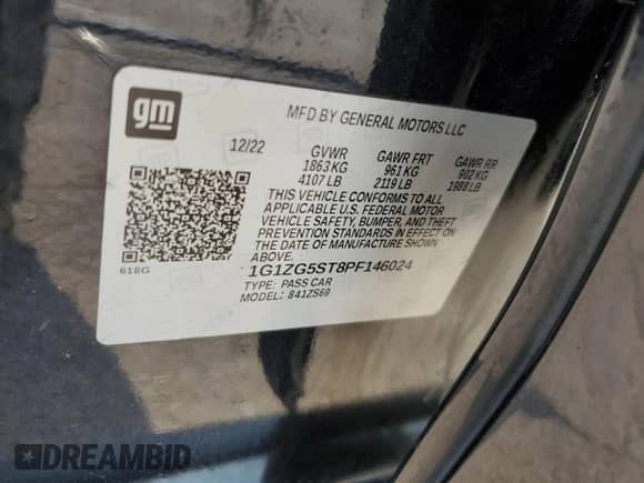 2023 Chevrolet Malibu RS с VIN 1G1ZG5ST8PF146024, выставлен на аукционе Copart как лот 68871325 с пробегом 50 358 миль миль и Списание • Salvage title. История ставок и продаж доступна на DreamBid. Изображение 12.