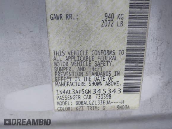 2016 Nissan Altima S z VIN 1N4AL3AP5GN345343, wystawiony jako IAAI lot #43425570 z przebiegiem 143 663 mil mil oraz . Historia ofert i sprzedaży dostępna na DreamBid. Obrazek 9.