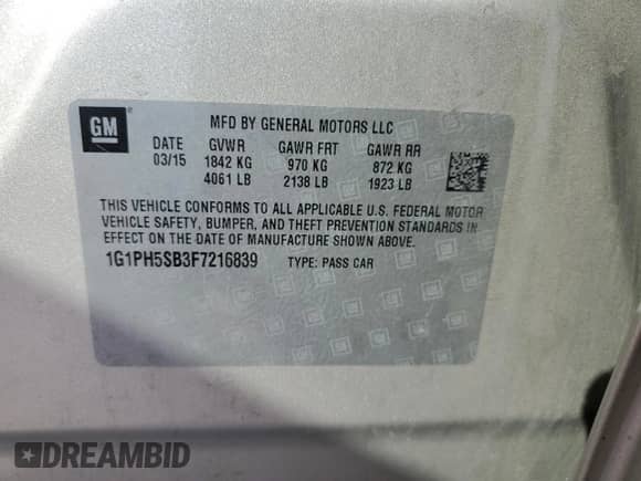 2015 Chevrolet Cruze ECO with VIN 1G1PH5SB3F7216839, listed as a Copart auction lot 71083805 with Not provided miles and Salvage title. Bid and sale history available at DreamBid. Image 12.