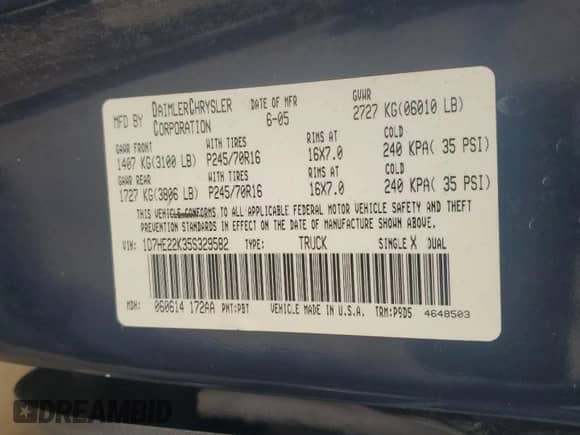 2005 Dodge Dakota ST z VIN 1D7HE22K35S329582, wystawiony jako Copart lot #65600065 z przebiegiem Nie podano mil oraz Szkoda całkowita • Salvage title. Historia ofert i sprzedaży dostępna na DreamBid. Obrazek 12.