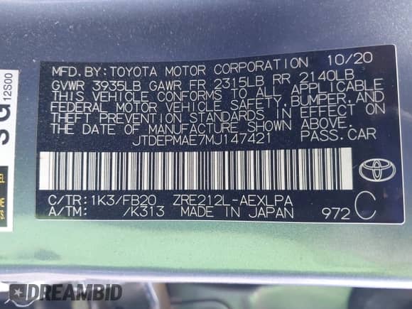 2021 Toyota Corolla LE with VIN JTDEPMAE7MJ147421, listed as a IAAI auction lot 43142290 with Not provided miles and . Bid and sale history available at DreamBid. Image 9.