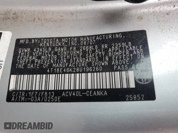 2008 Toyota Camry SE with VIN 4T1BE46K28U196260, listed as a Copart auction lot 87421005 with 166,674 mi miles and Salvage title. Bid and sale history available at DreamBid. Image 12.