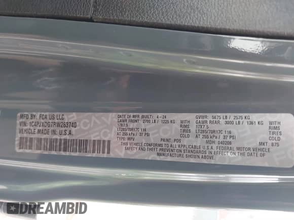 2024 Jeep Wrangler Sport S with VIN 1C4PJXDG7RW263740, listed as a IAAI auction lot 41551988 with 5,122 mi miles and . Bid and sale history available at DreamBid. Image 9.