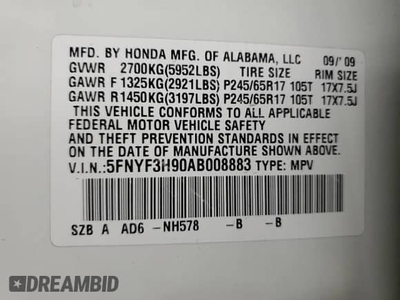 2010 Honda Pilot Touring with VIN 5FNYF3H90AB008883, listed as a Copart auction lot 58435355 with 132,020 mi miles and Salvage title. Bid and sale history available at DreamBid. Image 14.