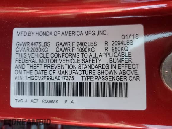2018 Honda Accord Touring with VIN 1HGCV2F99JA017375, listed as a Copart auction lot 67168775 with 69,550 mi miles and Salvage title. Bid and sale history available at DreamBid. Image 12.