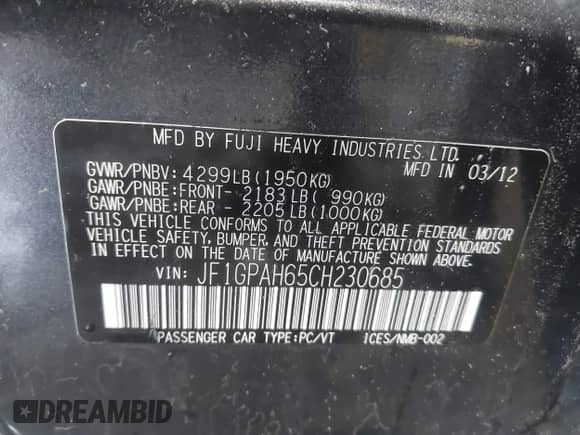 2012 Subaru Impreza Limited с VIN JF1GPAH65CH230685, выставлен на аукционе IAAI как лот 42854930 с пробегом 126 567 миль миль и . История ставок и продаж доступна на DreamBid. Изображение 9.