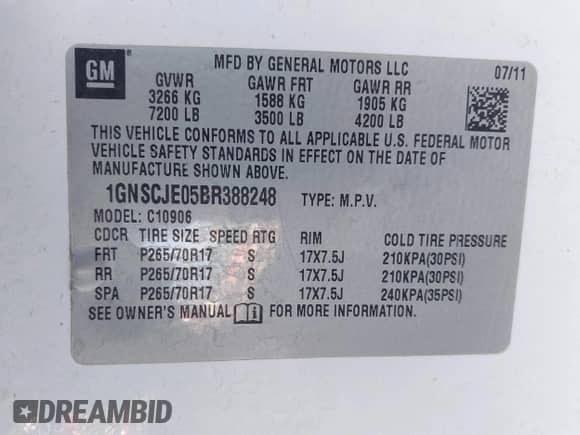 2011 Chevrolet Suburban LT z VIN 1GNSCJE05BR388248, wystawiony jako IAAI lot #42617677 z przebiegiem 247 514 mil mil oraz . Historia ofert i sprzedaży dostępna na DreamBid. Obrazek 9.