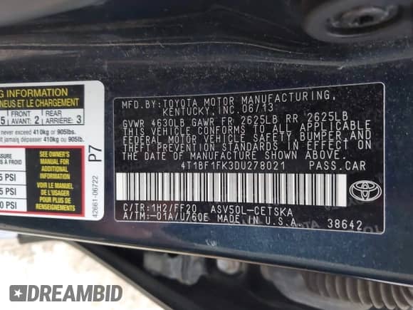 2013 Toyota Camry SE z VIN 4T1BF1FK3DU278021, wystawiony jako IAAI lot #43431903 z przebiegiem Nie podano mil oraz . Historia ofert i sprzedaży dostępna na DreamBid. Obrazek 9.