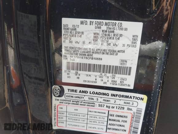 2012 Ford F-150 XL with VIN 1FTFW1ET5CFB10559, listed as a IAAI auction lot 43373106 with 114,862 mi miles and . Bid and sale history available at DreamBid. Image 9.