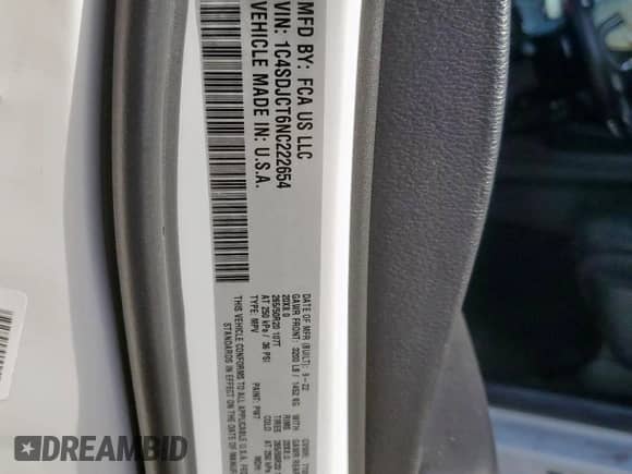 2022 Dodge Durango R/T Plus с VIN 1C4SDJCT6NC222654, выставлен на аукционе Copart как лот 62920275 с пробегом 69 697 миль миль и Списание • Salvage title. История ставок и продаж доступна на DreamBid. Изображение 13.