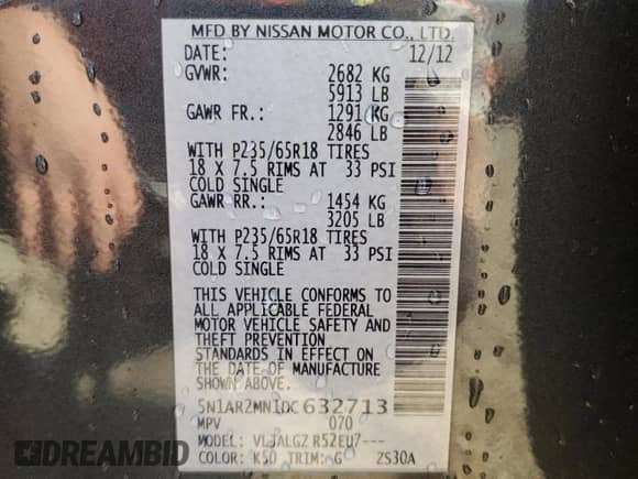 2013 Nissan Pathfinder SV with VIN 5N1AR2MN1DC632713, listed as a Copart auction lot 82127585 with 143,739 mi miles and Salvage title. Bid and sale history available at DreamBid. Image 12.