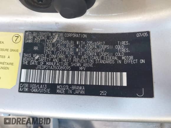 2005 Toyota Highlander с VIN JTEDP21A350089095, выставлен на аукционе IAAI как лот 42848874 с пробегом 242 266 миль миль и . История ставок и продаж доступна на DreamBid. Изображение 9.