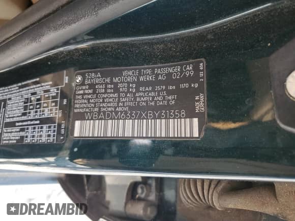 1999 BMW 5 Series 528i с VIN WBADM6337XBY31358, выставлен на аукционе Copart как лот 80879225 с пробегом 181 726 миль миль и Списание • Salvage title. История ставок и продаж доступна на DreamBid. Изображение 12.