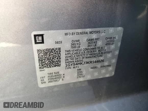 2019 Cadillac Escalade ESV Luxury с VIN 1GYS4HKJ3KR344626, выставлен на аукционе Copart как лот 64810065 с пробегом Не указан миль и Списание • Salvage title. История ставок и продаж доступна на DreamBid. Изображение 13.