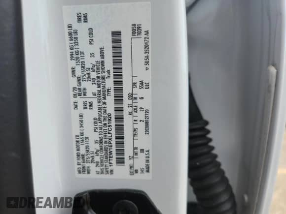 2020 Ford F-150 XL with VIN 1FTEW1EPXLFC51920, listed as a Copart auction lot 69947975 with 83,678 mi miles and Salvage title. Bid and sale history available at DreamBid. Image 12.