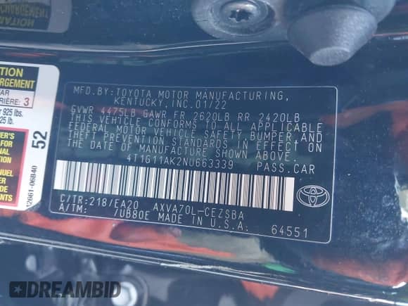 2022 Toyota Camry SE z VIN 4T1G11AK2NU663339, wystawiony jako IAAI lot #43379352 z przebiegiem 69 383 mil mil oraz . Historia ofert i sprzedaży dostępna na DreamBid. Obrazek 9.