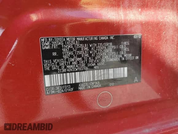 2012 Toyota RAV4 Sport with VIN 2T3RF4DV2CW193769, listed as a Copart auction lot 70415455 with 118,097 mi miles and Salvage title. Bid and sale history available at DreamBid. Image 13.