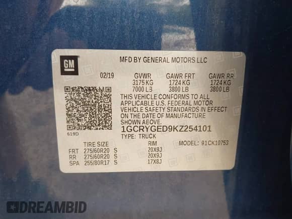 2019 Chevrolet Silverado 1500 LTZ with VIN 1GCRYGED9KZ254101, listed as a IAAI auction lot 42872328 with Not provided miles and . Bid and sale history available at DreamBid. Image 9.