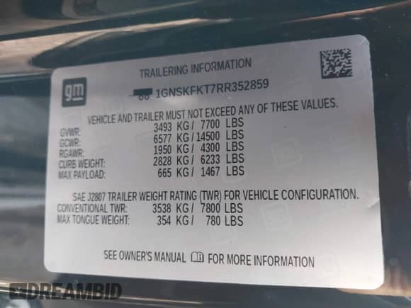 2024 Chevrolet Suburban Premier with VIN 1GNSKFKT7RR352859, listed as a IAAI auction lot 41814407 with 5,234 mi miles and . Bid and sale history available at DreamBid. Image 9.