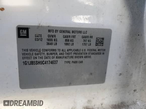 2012 Chevrolet Sonic LS with VIN 1G1JB5SH9C4174637, listed as a Copart auction lot 45942275 with 208,459 mi miles and Salvage title. Bid and sale history available at DreamBid. Image 12.