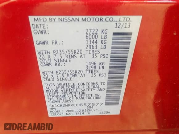 2014 Nissan Pathfinder Platinum Hybrid with VIN 5N1CR2MMXEC657577, listed as a IAAI auction lot 42131668 with 119,795 mi miles and . Bid and sale history available at DreamBid. Image 9.