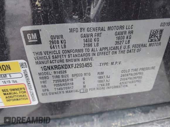 2015 Chevrolet Traverse LT с VIN 1GNKRGKDXFJ293455, выставлен на аукционе IAAI как лот 43104479 с пробегом 156 665 миль миль и . История ставок и продаж доступна на DreamBid. Изображение 9.