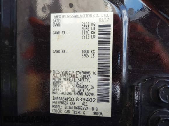 2012 Nissan Maxima SV z VIN 1N4AA5AP1CC839402, wystawiony jako IAAI lot #43279835 z przebiegiem 88 782 mil mil oraz . Historia ofert i sprzedaży dostępna na DreamBid. Obrazek 9.