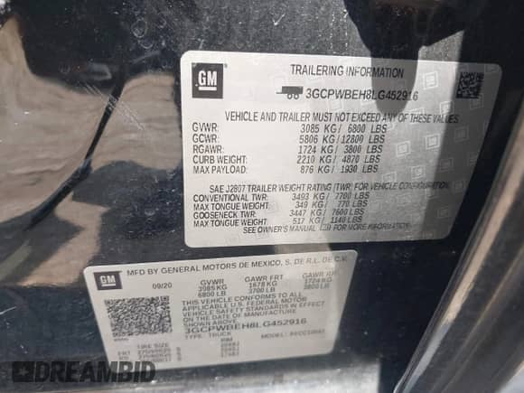 2020 Chevrolet Silverado 1500 Custom with VIN 3GCPWBEH8LG452916, listed as a IAAI auction lot 43028869 with 124,964 mi miles and . Bid and sale history available at DreamBid. Image 9.