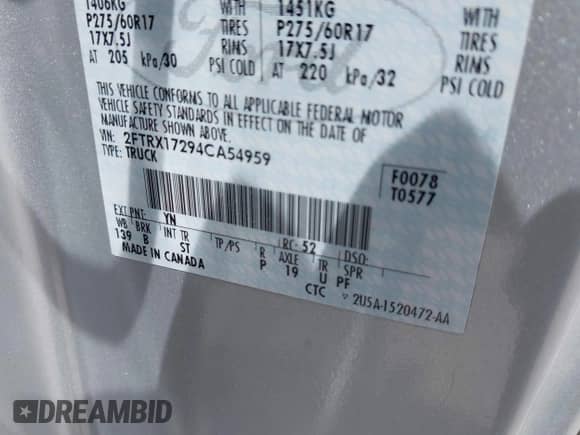 2004 Ford F-150 XL z VIN 2FTRX17294CA54959, wystawiony jako IAAI lot #42871727 z przebiegiem Nie podano mil oraz . Historia ofert i sprzedaży dostępna na DreamBid. Obrazek 9.