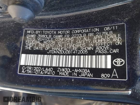 2011 Toyota Prius I with VIN JTDKN3DU0B1412005, listed as a IAAI auction lot 43360184 with 179,823 mi miles and . Bid and sale history available at DreamBid. Image 9.