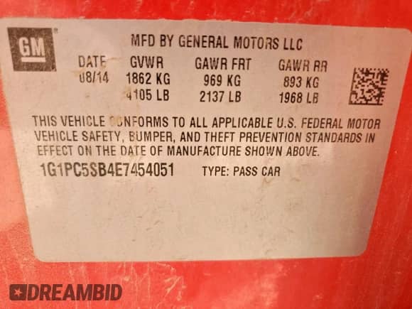 2014 Chevrolet Cruze 1LT z VIN 1G1PC5SB4E7454051, wystawiony jako Copart lot #61874545 z przebiegiem 90 087 mil mil oraz Czysty tytuł • Clean title. Historia ofert i sprzedaży dostępna na DreamBid. Obrazek 12.