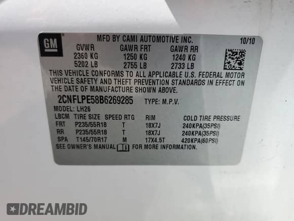 2011 Chevrolet Equinox 2LT with VIN 2CNFLPE58B6269285, listed as a Copart auction lot 57384715 with 127,056 mi miles and Salvage title. Bid and sale history available at DreamBid. Image 12.