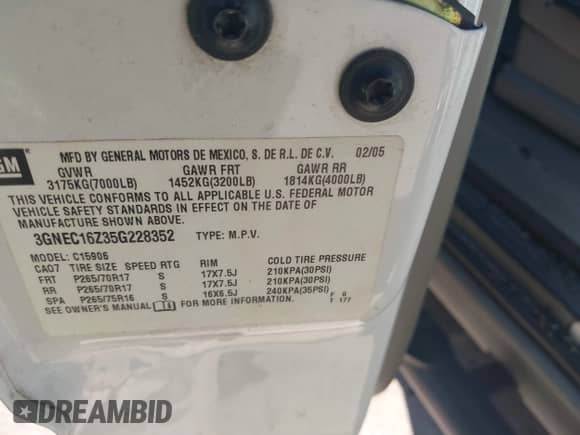 2005 Chevrolet Suburban LT с VIN 3GNEC16Z35G228352, выставлен на аукционе IAAI как лот 43140655 с пробегом 223 172 миль миль и . История ставок и продаж доступна на DreamBid. Изображение 9.