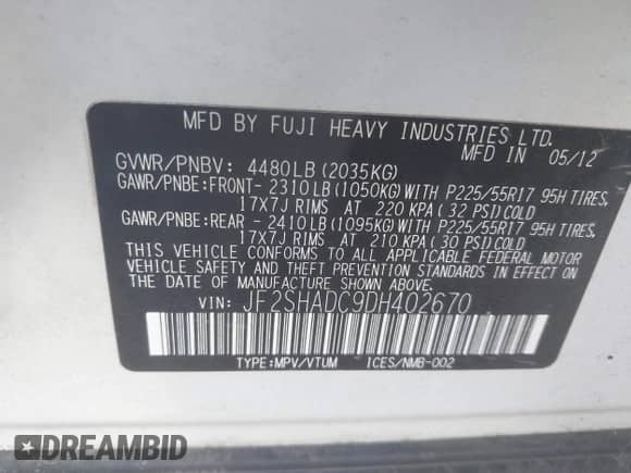 2013 Subaru Forester X Premium z VIN JF2SHADC9DH402670, wystawiony jako IAAI lot #43322189 z przebiegiem 93 140 mil mil oraz . Historia ofert i sprzedaży dostępna na DreamBid. Obrazek 9.