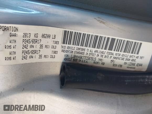 2007 Jeep Commander Sport with VIN 1J8HH48K77C587615, listed as a IAAI auction lot 41149777 with 167,871 mi miles and . Bid and sale history available at DreamBid. Image 9.