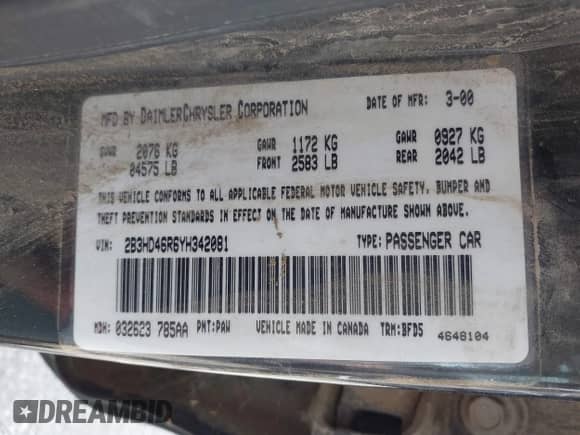 2000 Dodge Intrepid z VIN 2B3HD46R6YH342081, wystawiony jako IAAI lot #42884465 z przebiegiem 186 631 mil mil oraz . Historia ofert i sprzedaży dostępna na DreamBid. Obrazek 9.