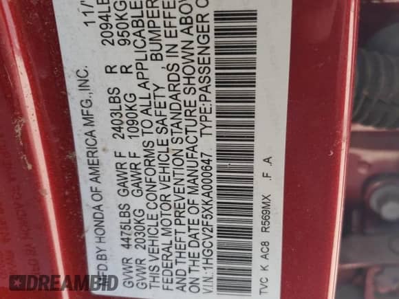 2019 Honda Accord EX-L z VIN 1HGCV2F5XKA000647, wystawiony jako Copart lot #66940545 z przebiegiem 125 179 mil mil oraz Szkoda całkowita • Salvage title. Historia ofert i sprzedaży dostępna na DreamBid. Obrazek 13.