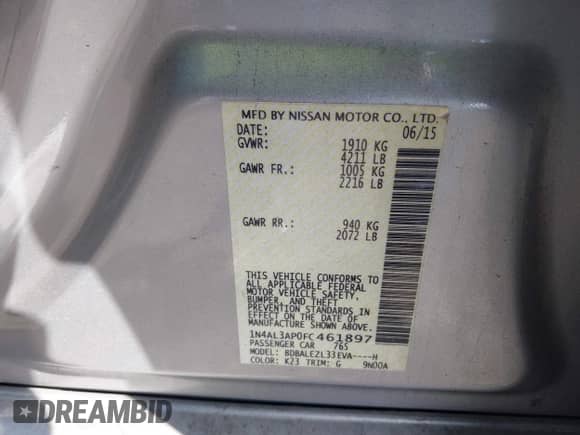 2015 Nissan Altima S with VIN 1N4AL3AP0FC461897, listed as a IAAI auction lot 43181303 with 109,125 mi miles and . Bid and sale history available at DreamBid. Image 9.