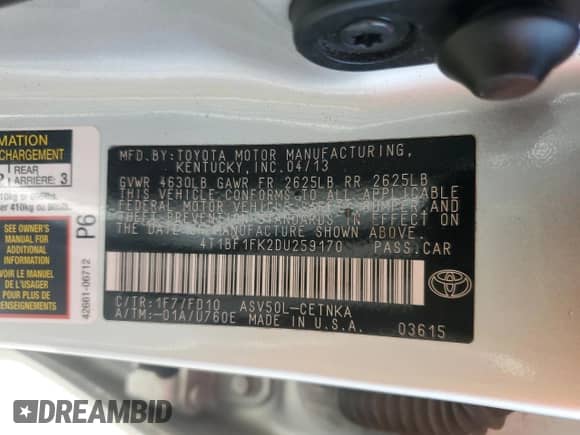 2013 Toyota Camry L with VIN 4T1BF1FK2DU259170, listed as a Copart auction lot 85588445 with 87,697 mi miles and Salvage title. Bid and sale history available at DreamBid. Image 12.