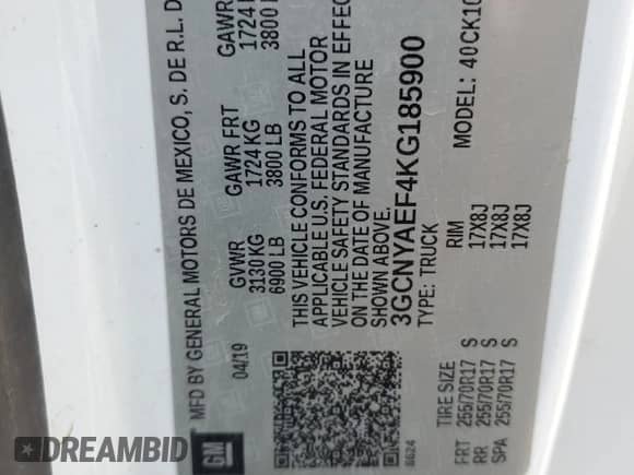 2019 Chevrolet Silverado 1500 Work Truck с VIN 3GCNYAEF4KG185900, выставлен на аукционе Copart как лот 70155855 с пробегом 140 873 миль миль и Списание • Salvage title. История ставок и продаж доступна на DreamBid. Изображение 12.