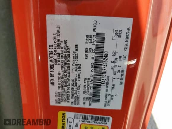 2015 Ford Mustang EcoBoost с VIN 1FA6P8TH7F5362480, выставлен на аукционе Copart как лот 87396475 с пробегом 57 779 миль миль и Списание • Salvage title. История ставок и продаж доступна на DreamBid. Изображение 12.