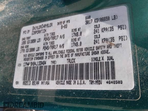2004 Dodge 1500 SLT with VIN 1D7HA18N94J133464, listed as a IAAI auction lot 43013886 with 231,366 mi miles and . Bid and sale history available at DreamBid. Image 9.