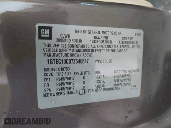 2007 GMC Sierra 1500 SLE1 with VIN 1GTEC19C07Z540647, listed as a IAAI auction lot 42565819 with 41,493 mi miles and . Bid and sale history available at DreamBid. Image 9.