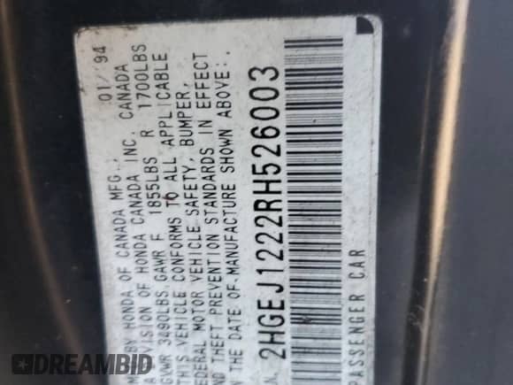 1994 Honda Civic with VIN 2HGEJ1222RH526003, listed as a Copart auction lot 88483645 with 358,192 mi miles and Clean title. Bid and sale history available at DreamBid. Image 12.