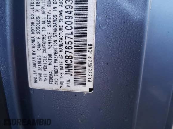 1990 Honda Accord LX z VIN JHMCB7657LC094933, wystawiony jako Copart lot #42030575 z przebiegiem 156 426 mil mil oraz Szkoda całkowita • Salvage title. Historia ofert i sprzedaży dostępna na DreamBid. Obrazek 12.