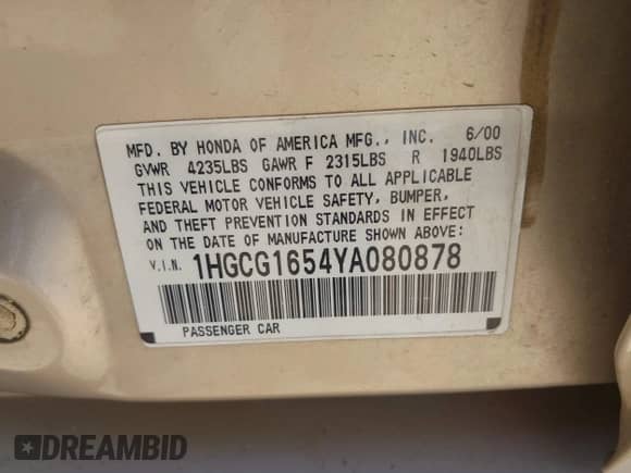 2000 Honda Accord EX with VIN 1HGCG1654YA080878, listed as a IAAI auction lot 43235559 with 226,898 mi miles and . Bid and sale history available at DreamBid. Image 9.